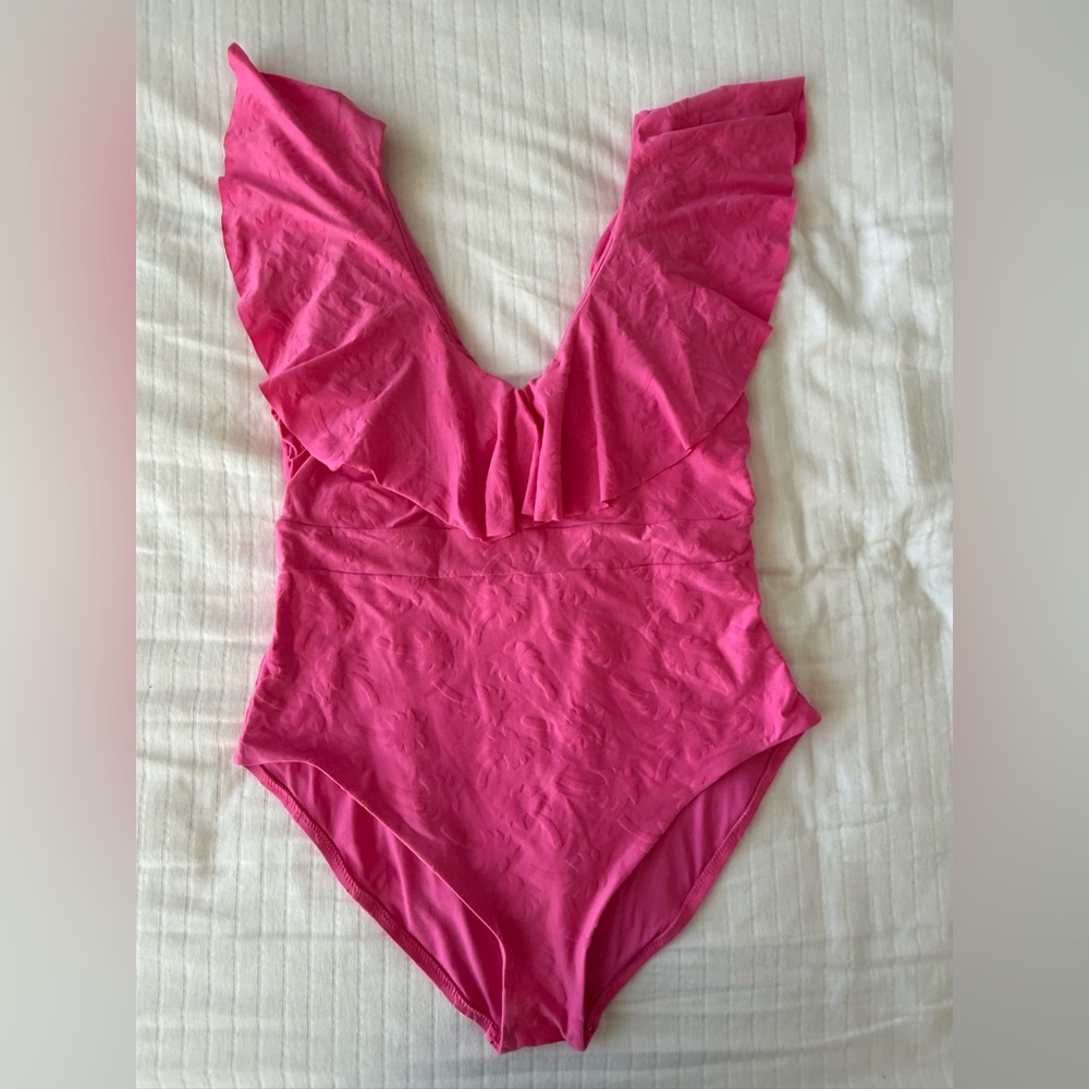 Trina Turk Ruffled Plunge One-Piece Swimsuit in Hot Pink with Palm Trees